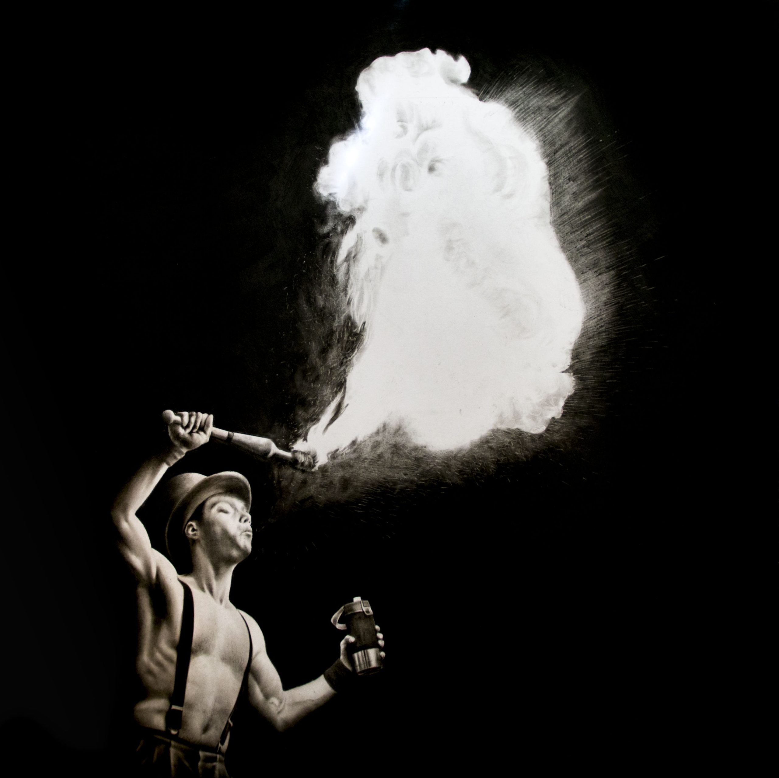 Man on fire, 2024, carboncino, penna Bic e grafite su carta, cm 100x100 (2)